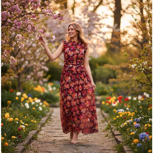 Vince Camuto Women's Ruffled Floral Chiffon Maxi Dress Sz 8 ( Medium ) Red WINE